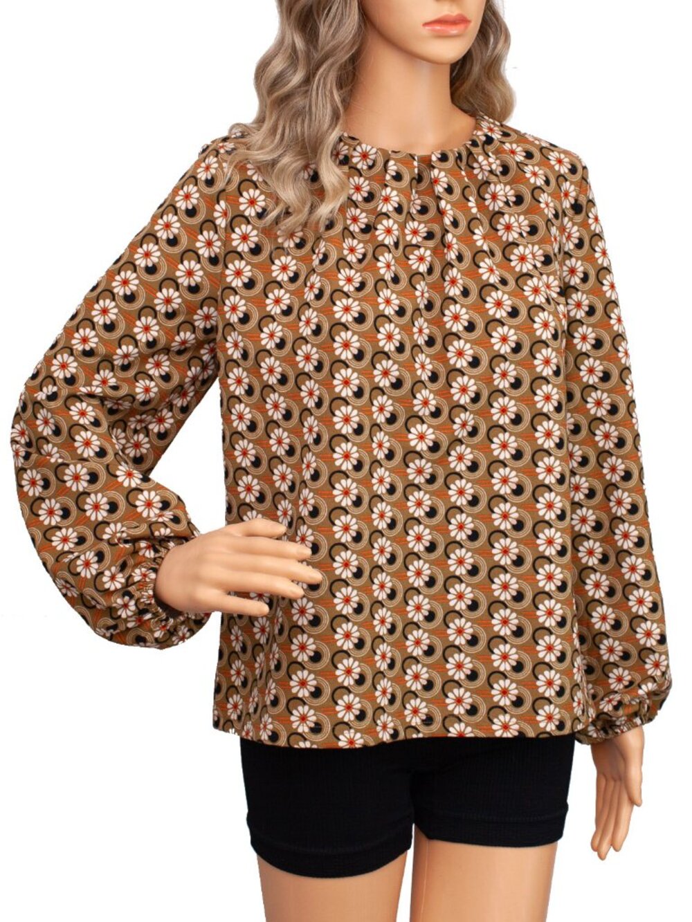 Melloday Anthropologie 70s Retro Daisy Print Balloon Sleeve Blouse L Brown Rust
